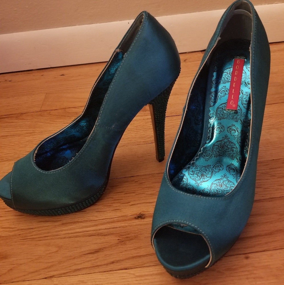 Bordello Satin Teal heels